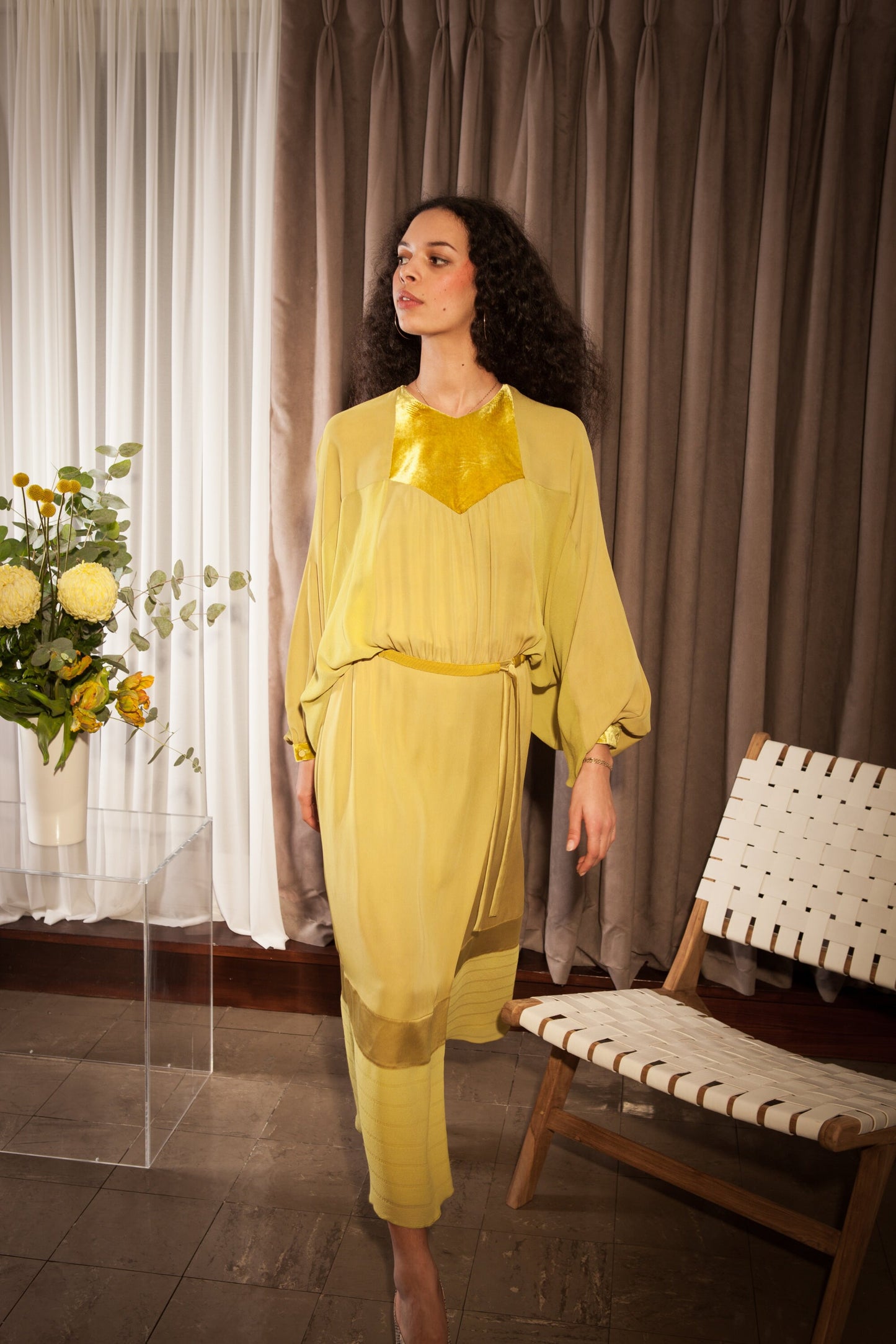 Size Extra Small to Large, Ethically Made, Chartreuse Seventies Style Kaftan Batwing Silk Dress