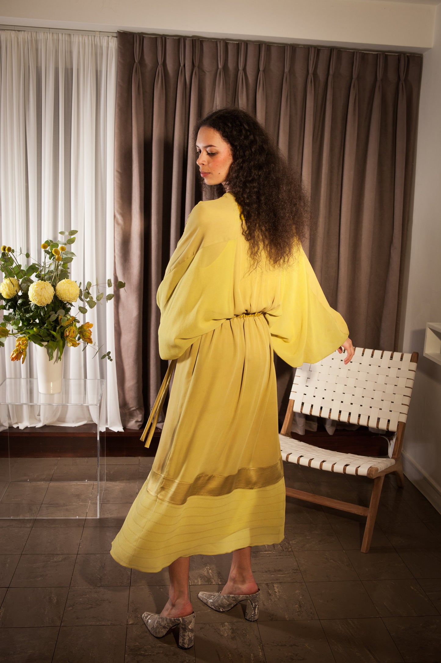 Size Extra Small to Large, Ethically Made, Chartreuse Seventies Style Kaftan Batwing Silk Dress