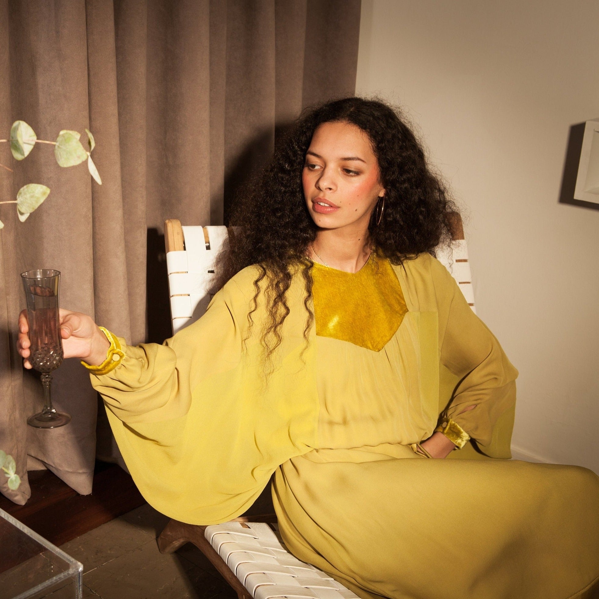 Size Extra Small to Large, Ethically Made, Chartreuse Seventies Style Kaftan Batwing Silk Dress