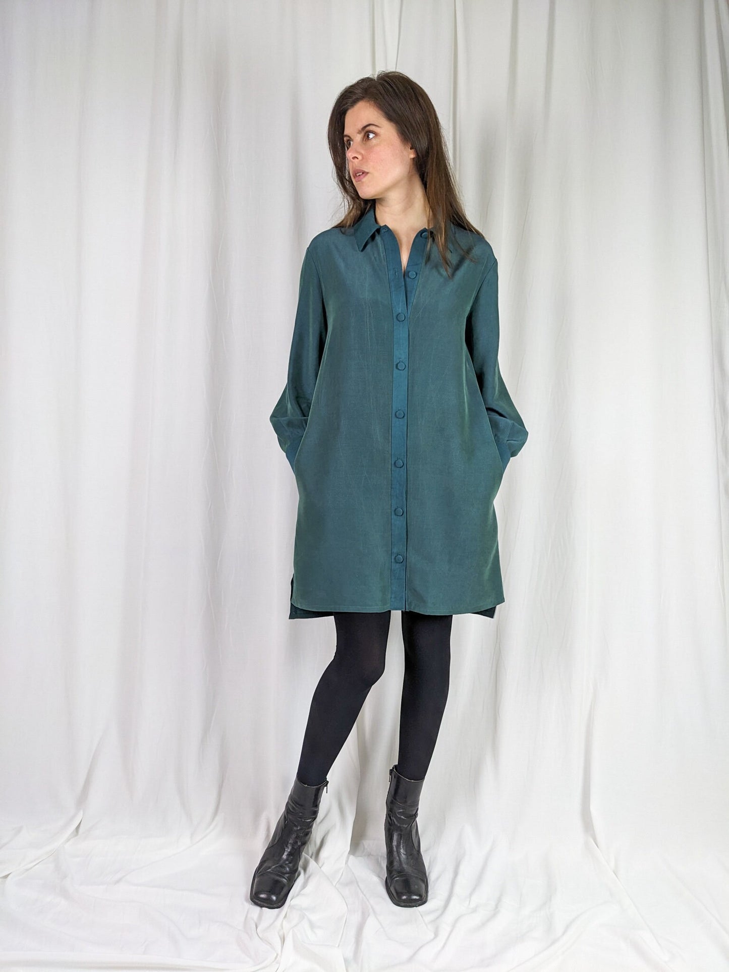 Bamboo and Silk Shirt Dress with Long Sleeves and Pockets