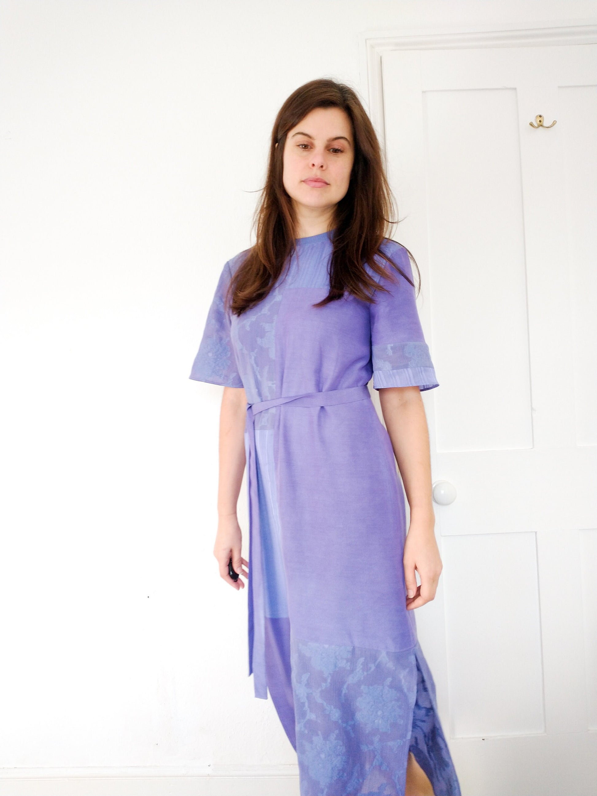 Bamboo and Silk Midi Dress Loose Fit with Short T-Shirt Sleeves and Belt