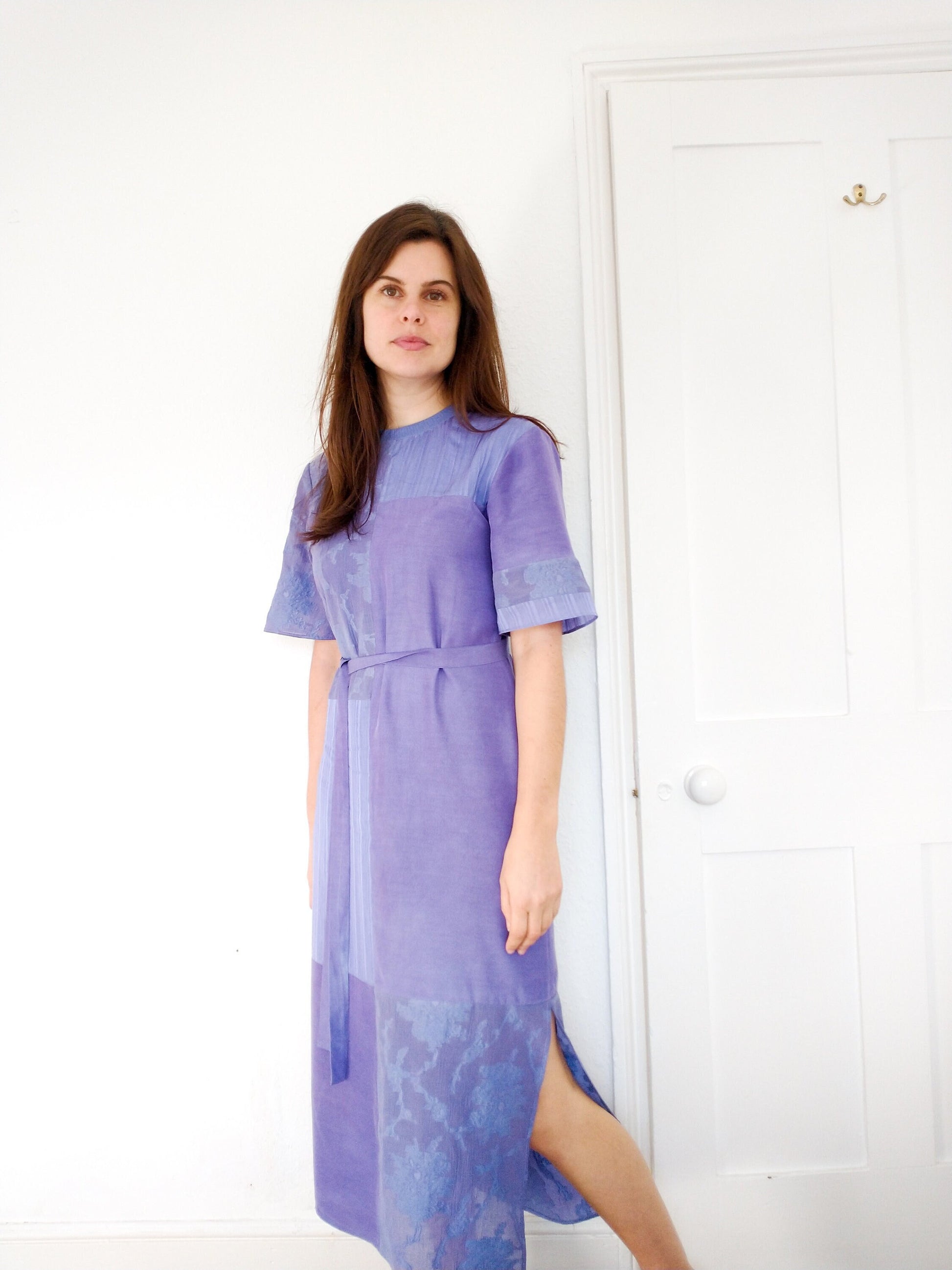 Bamboo and Silk Midi Dress Loose Fit with Short T-Shirt Sleeves and Belt