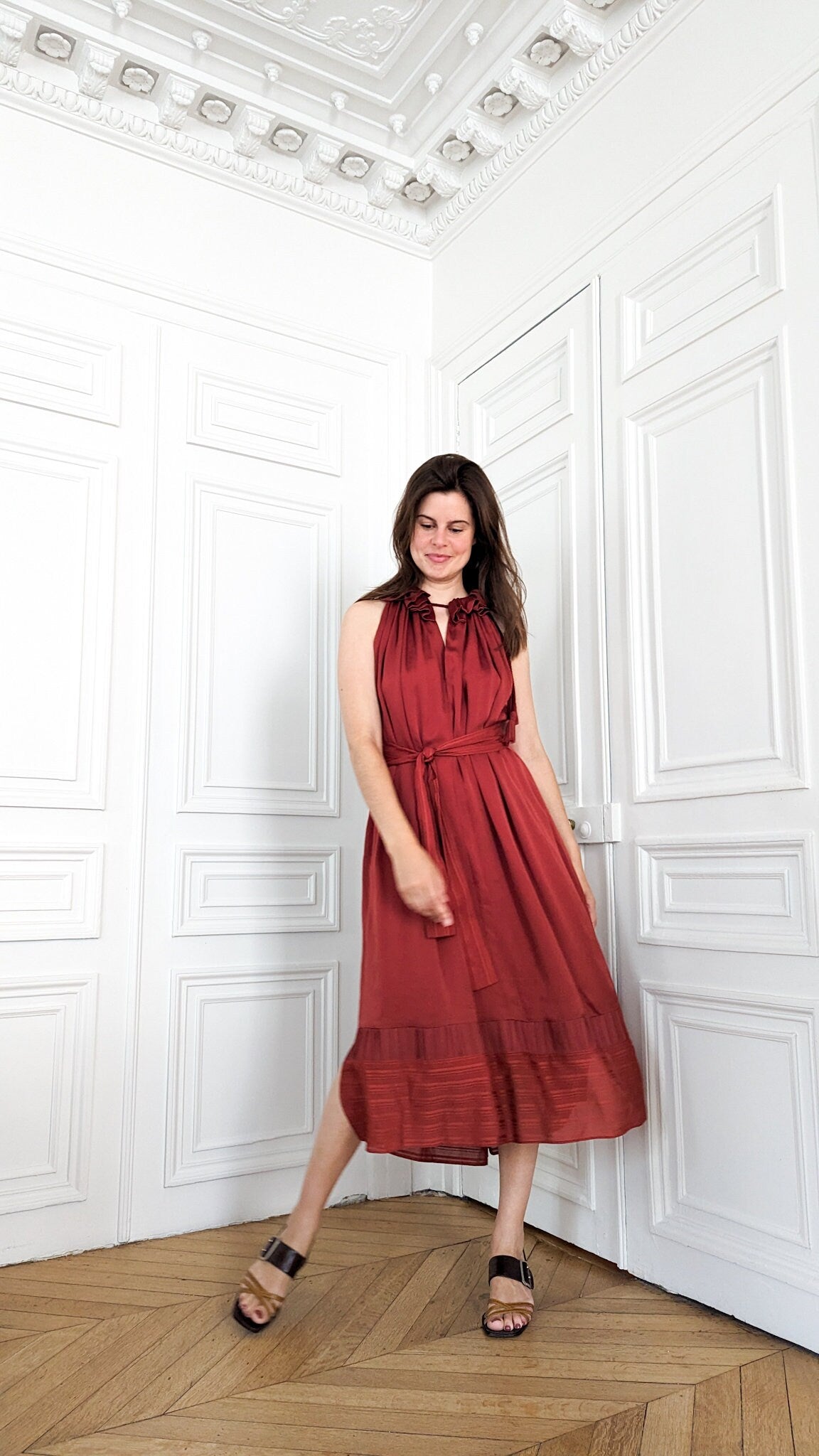 Burgundy Red Silk Midi Dress Loose Fit with Belt and No Sleeves