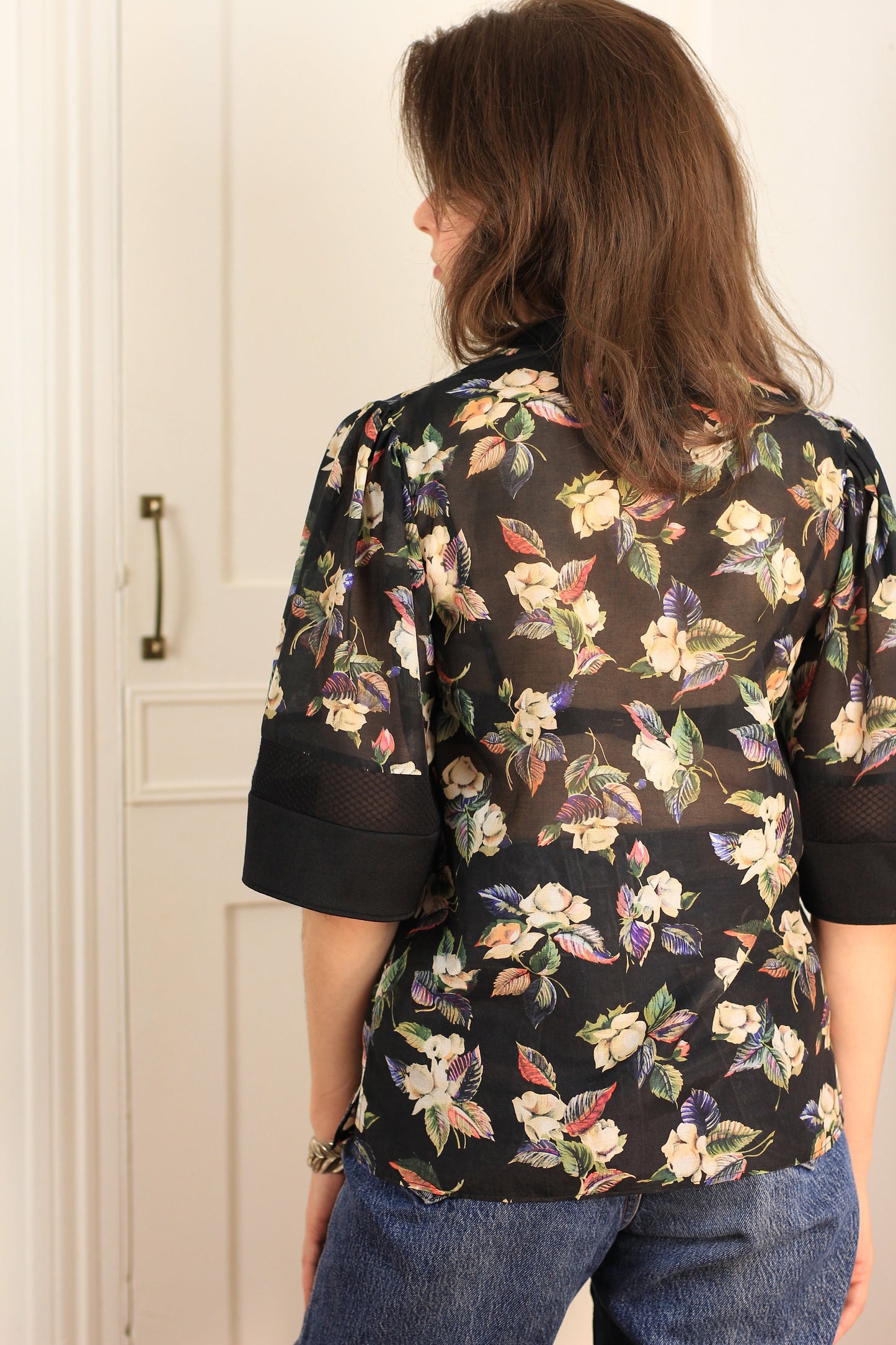 Black Floral Silk Cotton Blouse / V Neck Handmade Shirt / Zero Waste Eco Fashion / Extra Small Small Medium Large